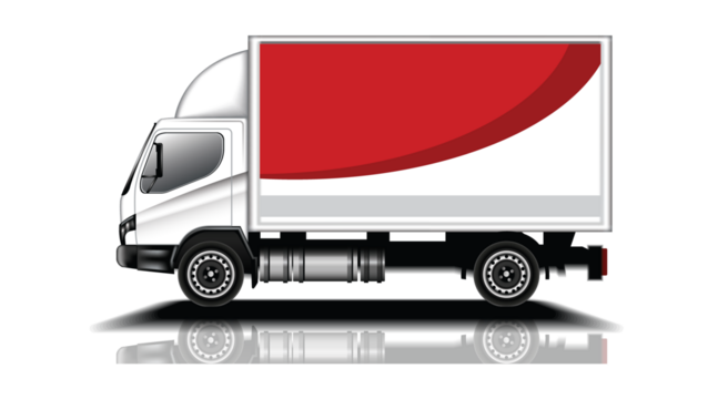 White delivery truck with red design on cargo box for transport isolated on transparent background