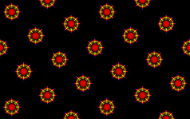 Vibrant abstract repeating grid energy core.
An abstract design with a central red sphere surrounded by concentric green and yellow rings, reminiscent of a steering wheel.