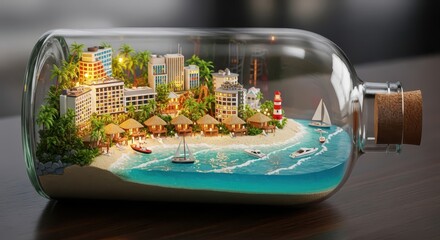 Miniature coastal resort community nestled inside a clear glass container with a cork stopper