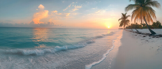 A tropical beach at sunset with palm trees and gentle waves creates a serene backdrop for holiday and travel advertising.