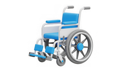 Modern 3d render of a blue and white wheelchair, medical equipment