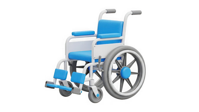 Modern 3d render of a blue and white wheelchair, medical equipment