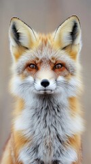 Naklejka premium A red fox with fluffy fur looks straight into the camera, making it an excellent expressive backdrop for environmental campaigns.