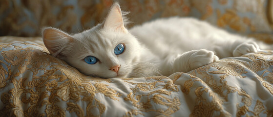 A snow-white kitten with piercing eyes rests on luxurious fabric, providing a delicate backdrop for advertising home goods.