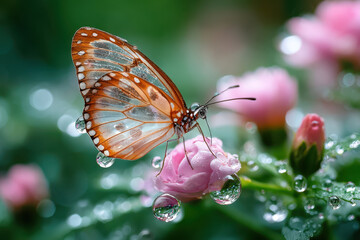 Glasswing Butterfly on DewKissed Pink Rose in Lush Garden