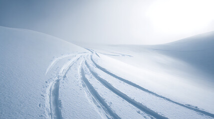 Obraz premium A serene, untouched winter landscape of pristine snow-covered hills, gently illuminated by a soft, diffused sunlight, with tracks curving across the landscape, inviting exploration.