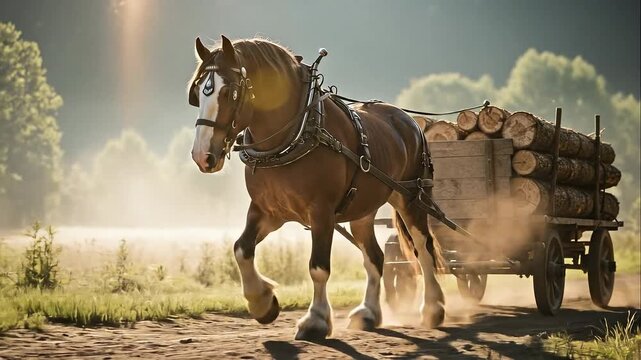 A powerful draft horse pulls a heavy wooden cart loaded with logs along a dusty rural path, bathed in warm sunlight.