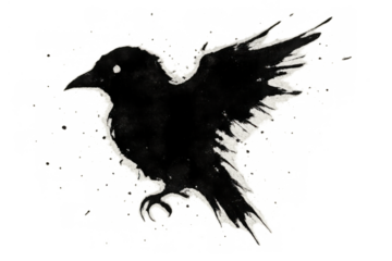 Black grunge crow silhouette with spread wings, ink brush strokes, and glowing eyes on transparent background
