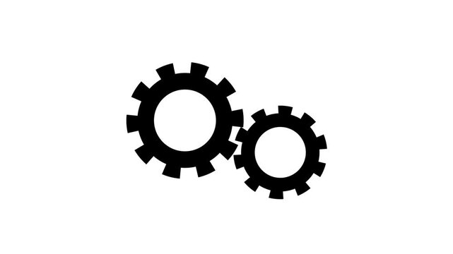 Two interlocking black gears on a white background representing teamwork mechanics industry and