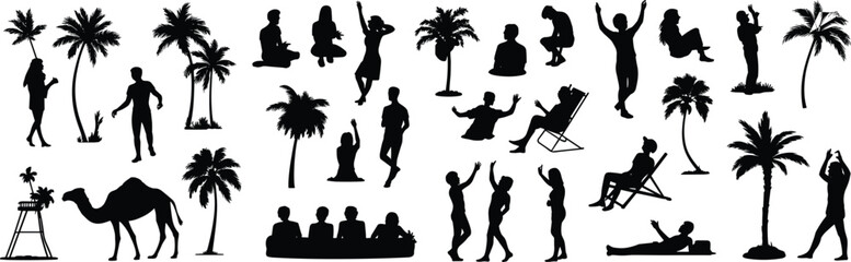 PrintSilhouettes of diverse people enjoying summer beach vacation, with palm trees and a camel, representing travel, holidays, relaxation, and tropical outdoor active lifestyle.