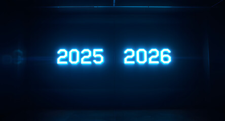  a dark, dimly-lit room featuring a neon-lit sign with the years "2025" and "2026" in bright blue digits, positioned centrally. 