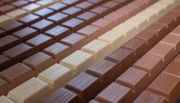 Rows of assorted chocolate bars including dark milk and white chocolate varieties arranged in a pattern with a shallow depth of field in warm studio lighting