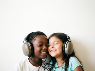 Diverse kids sharing headphones music copy space technology audio fun multiethnic children listening song dancing happy friends caucasian black hispanic entertainment rhythm melody lifestyle banner