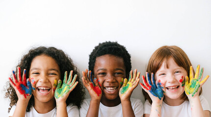 Creative diverse kids painted hands faces copy space art class concept multiethnic children messy colorful paint happy artist friends caucasian hispanic black playing drawing education hobby studio