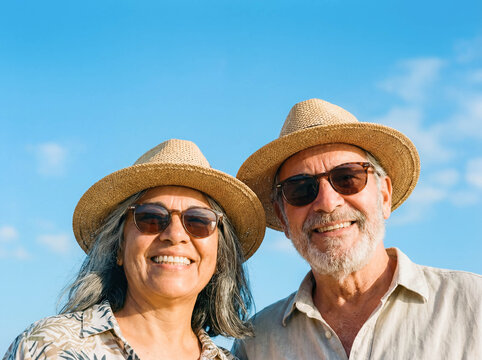 Senior tourists wearing hats sunglasses copy space travel vacation concept happy diverse elderly couple summer holiday sightseeing map adventure active retirement blue sky background lifestyle journey