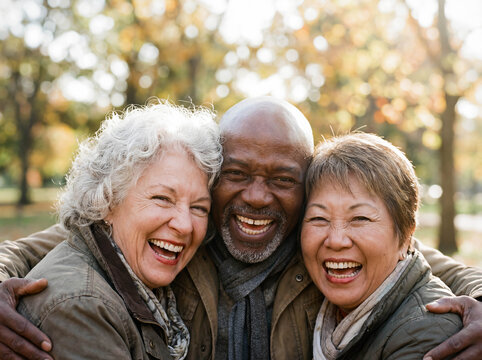 Laughing diverse seniors hugging copy space friendship happiness concept multiethnic elderly group having fun joke positive emotion joy togetherness retirement lifestyle park outdoors close up - Powered by Adobe