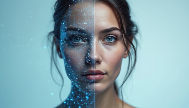 Portrait of woman with face split into human, tech sides. Conceptual image explores identity in digital age. Blended image highlights connection, innovation. Skin texture, digital network, cyber - Powered by Adobe