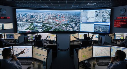 Personnel monitor numerous displays showing city infrastructure and surveillance feeds in a darkened control room