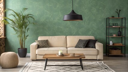 Living room interior with sofa and green texture wall background