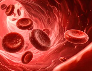 Fototapeta premium Macro illustration of red blood cells moving through a vessel, detailed and vibrant