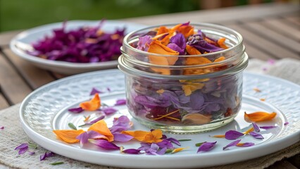 Colorful flower petals in a glass  jar.
