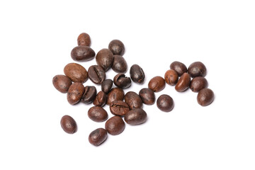 Heap of roasted coffee beans isolated on white background
