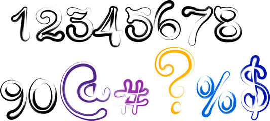 Hand Drawn Brush Stroke Numbers and Symbols Isolated on White Background