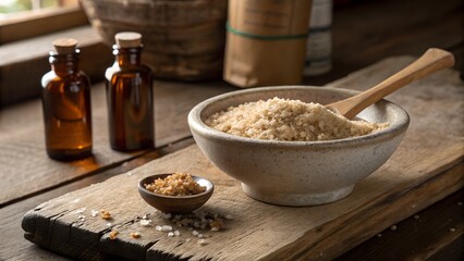 Rustic photo showcases a bowl of granular substa.
