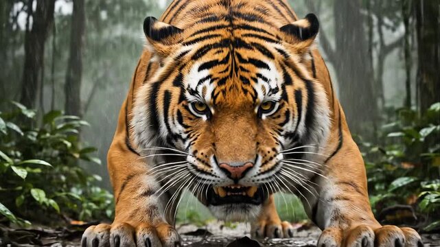 A powerful Bengal tiger crouches in a dense jungle, staring intensely with a fierce expression, showcasing its predatory nature in the wild.