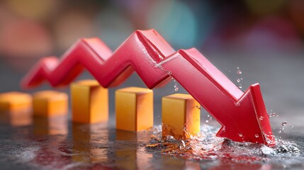 Red downward arrow crashing into water with bar graph elements, symbolizing market decline and financial crisis, rendered with dramatic cinematic lighting and high detail.