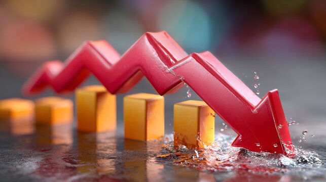Red downward arrow crashing into water with bar graph elements, symbolizing market decline and financial crisis, rendered with dramatic cinematic lighting and high detail.