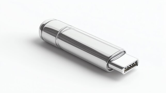Silver USB flash drive on a white background.