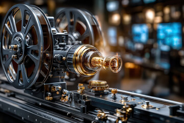Vintage film projector showcasing intricate mechanics in a dimly lit studio space