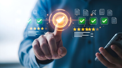 Hand touching a virtual screen displaying glowing checkmarks and five-star ratings, symbolizing exceptional digital customer satisfaction, quality assurance, and positive online service feedback
