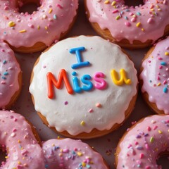 Cute donut with I Miss U message surrounded by pink treats for sweet emotional theme