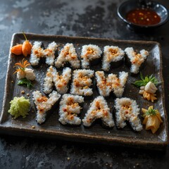 Happy New Year message created with sushi pieces on black slate for festive food art