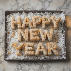 Happy New Year text made with sugar cookies on flour for festive holiday greeting