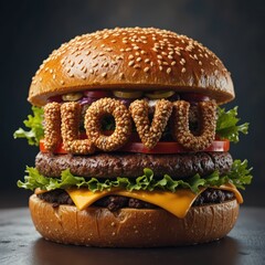 Creative burger with LOVE U text made from ingredients for romantic food concept