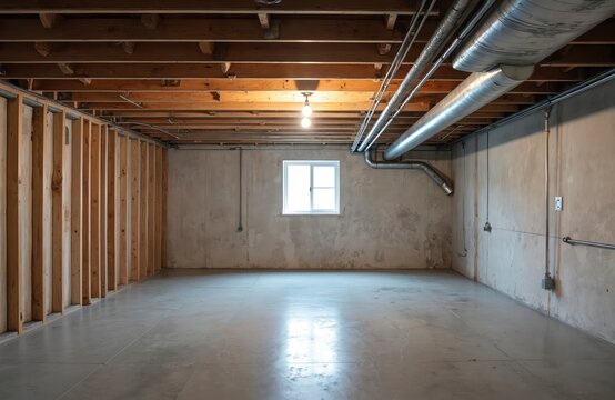 Spacious unfinished basement room with concrete floor, exposed wooden beams. Raw construction ductwork, structural columns. Dim lighting highlights empty space suggesting renovation decay in urban