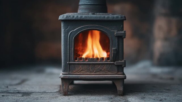 Vintage Cast Iron Stove with Flames Glowing Warmly in a Rustic Setting for Cozy Winter Atmosphere  4k video footage