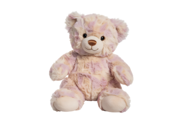 Teddy bear with pastel pink and white fur sitting in front of transparent background smiling with shiny eyes adorable design plush in soft view