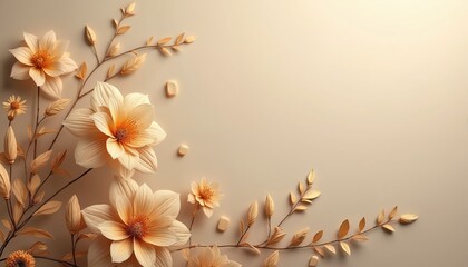 Elegant floral design with beige background. Delicate flowers leaves decorate artwork. Pastel colors art creates soft tender mood. Wedding invitation design element.
