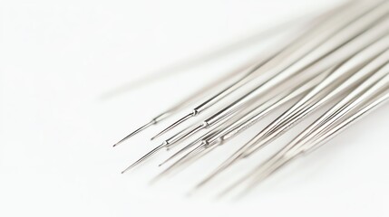 A collection of sewing needles on a white background.