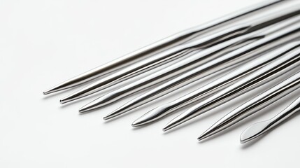A collection of shiny, metallic knitting needles.