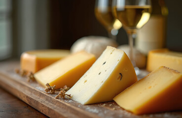 Assorted cheese wedges served on wood board with glasses of white wine. Different dairy products arranged artistically for tasting experience. Soft, hard cheeses, with blue veins, offered with grapes.