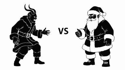 Dramatic black and white face off between menacing Krampus and jolly Santa Claus figures