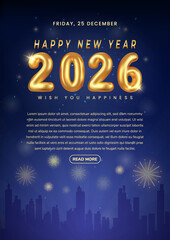 Happy New Year 2026 Celebration With Golden Numerals And Fireworks Over City Skyline