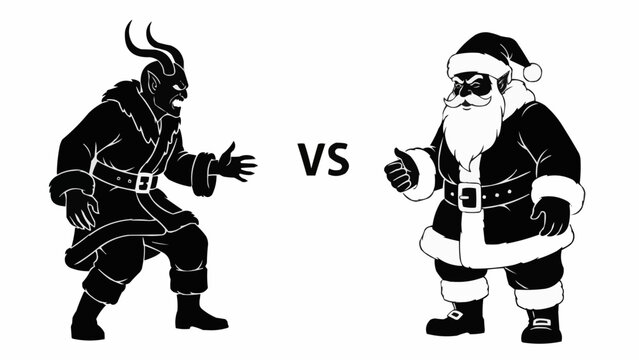 Dramatic black and white face off between menacing Krampus and jolly Santa Claus figures