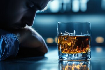 Tired man resting with head down near a glass of whiskey on a table in a dimly lit bar setting at night