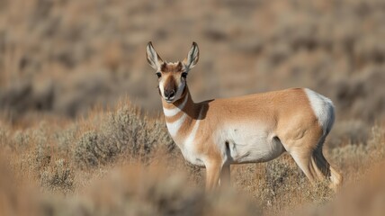 Fototapeta premium Pronghorn antelope stands alert in dry grassland habitat